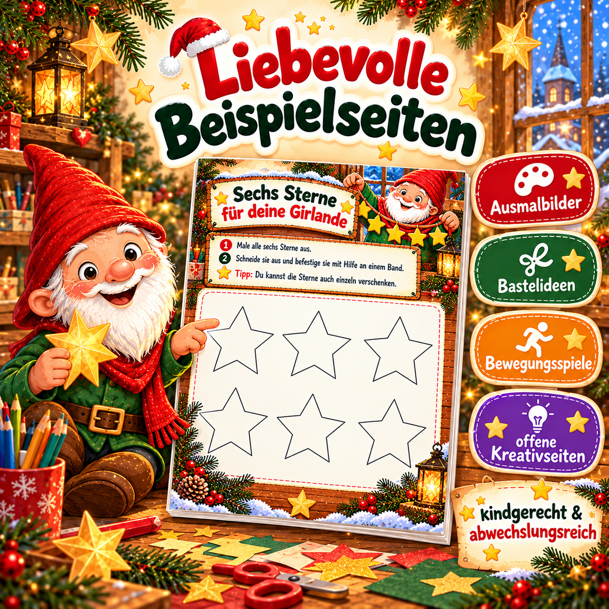 Zwicki präsentiert eine Sternengirlanden-Bastelvorlage aus dem Nikolaus-Beschäftigungsheft, mit Beispielen für Ausmalbilder, Bastelideen, Bewegungsspiele und Kreativaufgaben.