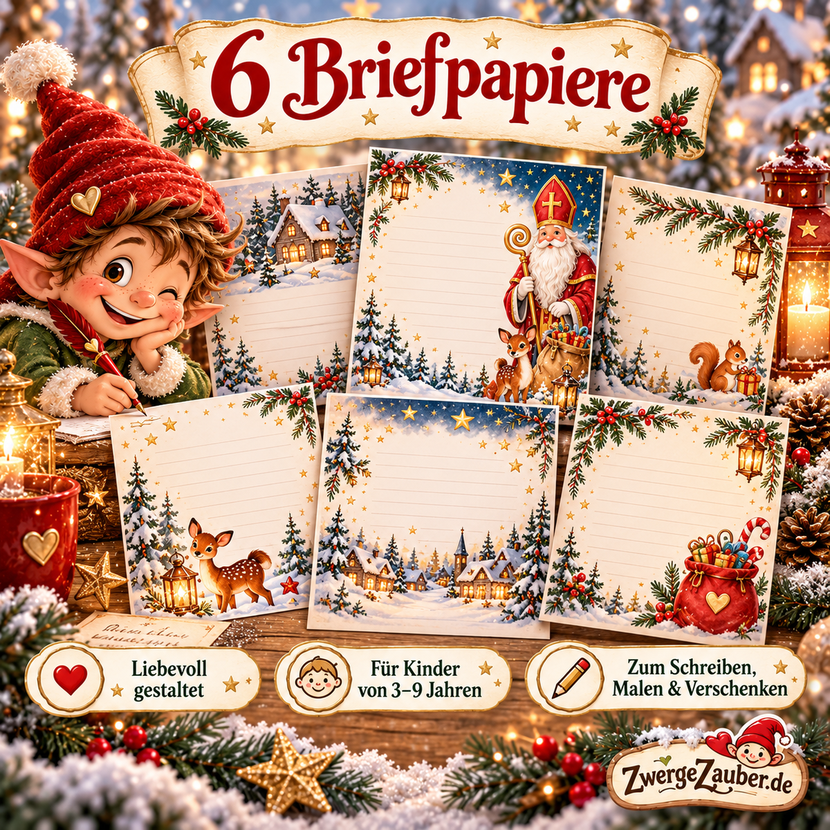 Sechs weihnachtliche Nikolaus-Briefpapier-Vorlagen für Kinder von 3 bis 9 Jahren zum Schreiben, Malen und Gestalten persönlicher Nikolausgrüße.