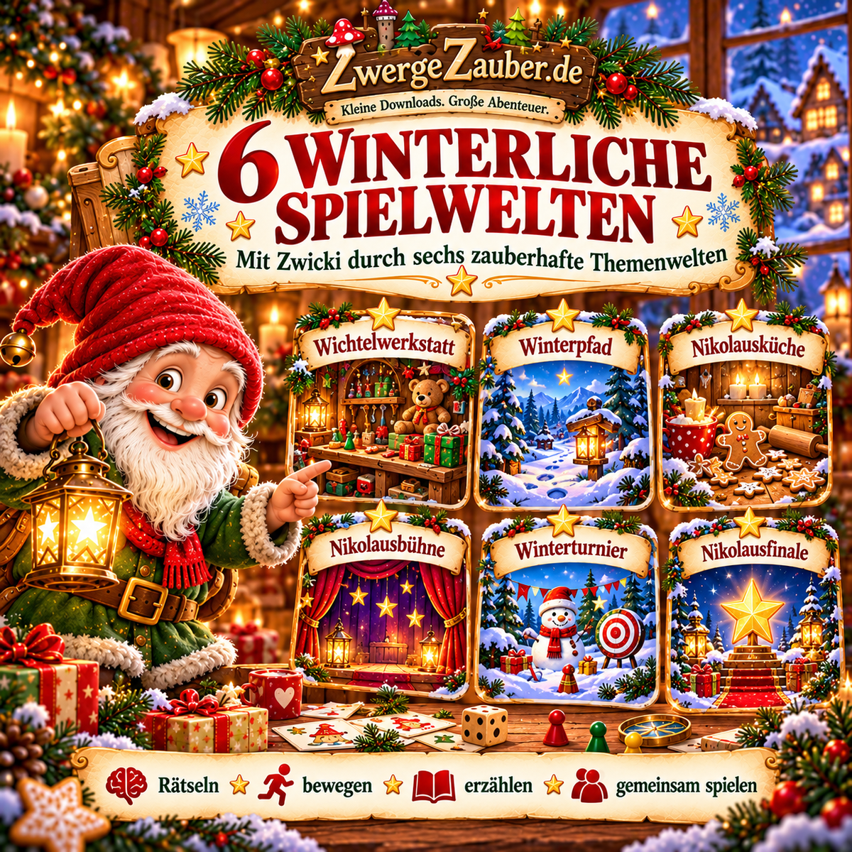 Sechs Spielwelten im Nikolaus-Spieleset: Wichtelwerkstatt, Winterpfad, Nikolausküche, Nikolausbühne, Winterturnier und Nikolausfinale mit Zwicki.