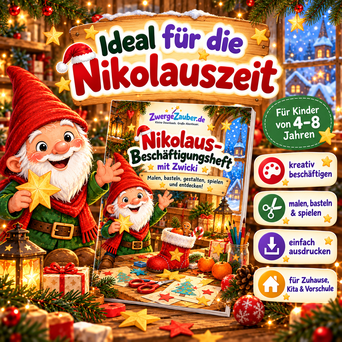 Beschäftigungsheft für die Nikolauszeit mit Zwicki, geeignet für Kinder von 4 bis 8 Jahren, mit kreativen Mal-, Bastel- und Spielideen für Zuhause, Kita und Vorschule.