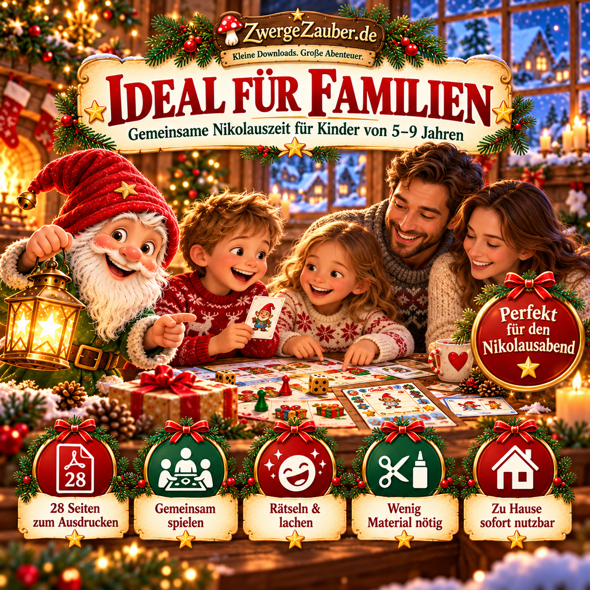 Gemeinsamer Nikolaus-Spielabend mit Eltern und Kindern, Zwicki und abwechslungsreichen Rätseln, Bewegungsspielen und Mitmachaufgaben für 5 bis 9 Jahre.