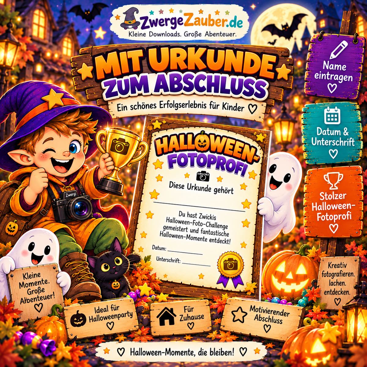 Halloween-Fotoprofi-Urkunde als Abschluss der Foto-Challenge für Kinder mit Zwicki und Halloween-Motiven
