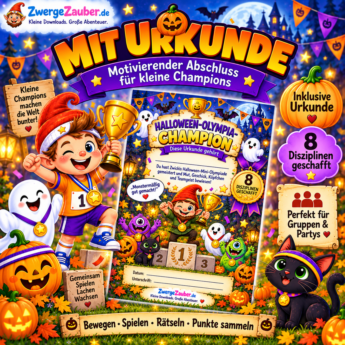 Halloween-Olympia-Champion Urkunde für Kinder nach Abschluss der 8 Disziplinen der ZwergeZauber Mini-Olympiade