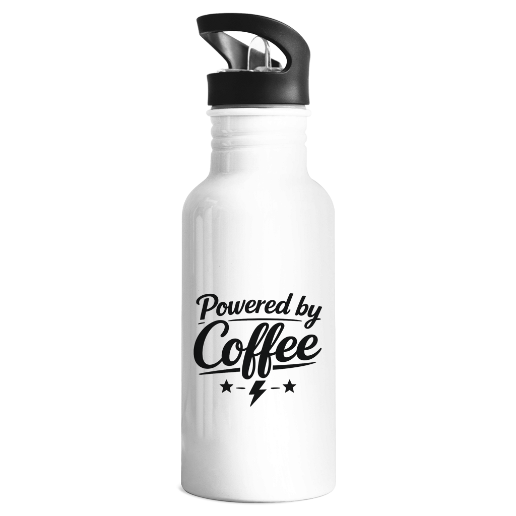Edelstahl-Trinkflasche „Powered by Coffee“ – Bedruckte Trinkflasche aus Edelstahl für unterwegs