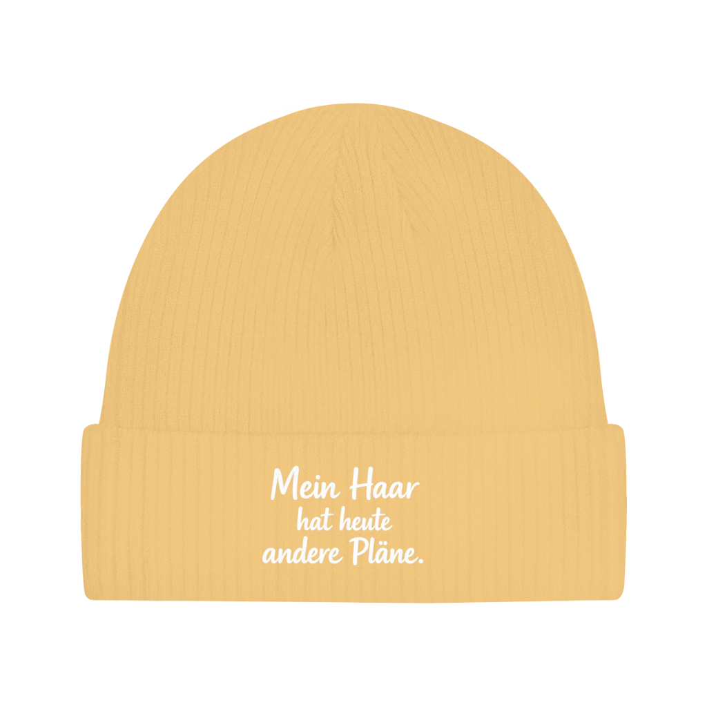 Beanie mit Spruch „Mein Haar hat heute andere Pläne.“ | Lustige Mütze | Weißer Text