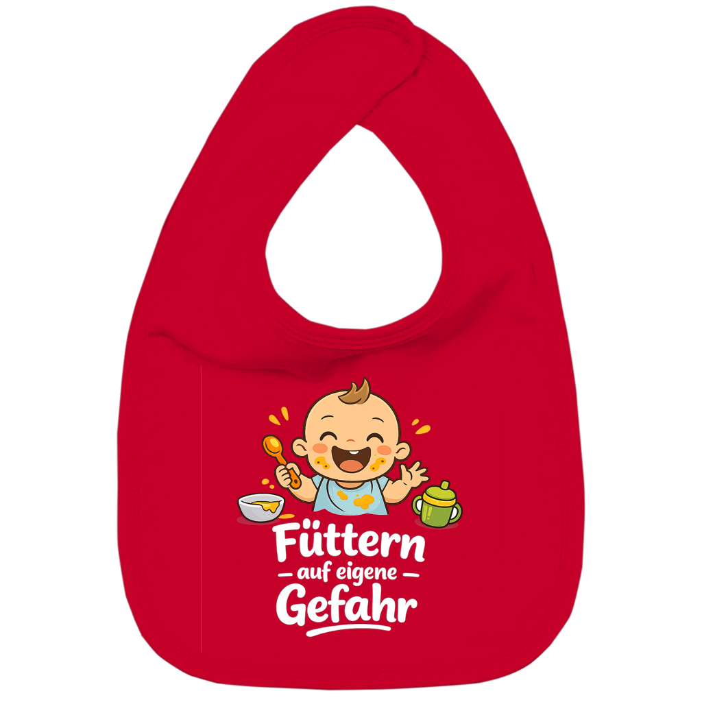 Kinder Bio Lätzchen mit Spruch „Füttern auf eigene Gefahr“ – Baby & Kleinkind | weisse Schrift