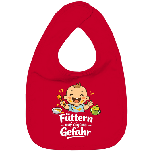 Kinder Bio Lätzchen mit Spruch „Füttern auf eigene Gefahr“ – Baby & Kleinkind | weisse Schrift