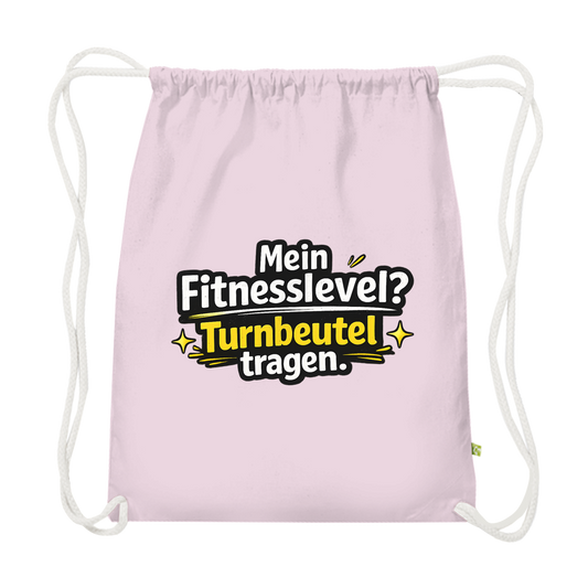 Premium Bio Turnbeutel – Lustiger Spruch „Mein Fitnesslevel? Turnbeutel tragen.“