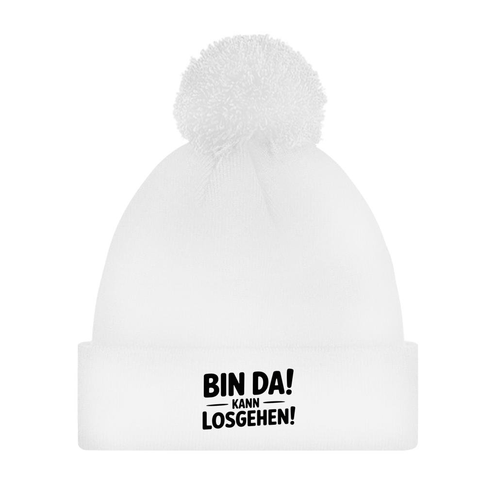 Bommelmütze „Bin da – kann losgehen“ – Unisex Statement Wintermütze mit Pompon