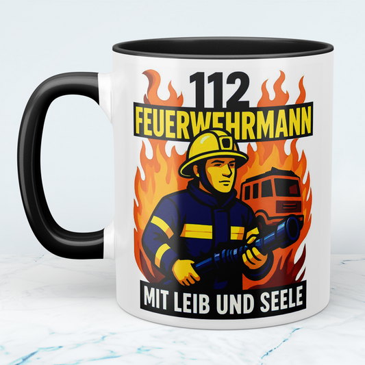 Bedruckte Feuerwehr Tasse für Feuerwehrleute – 112 Feuerwehrmann – Mit Leib und Seele