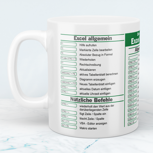 Keramik Tasse mit Excel Shortcuts Kurzbefehlen, Geschenk für Kollegen