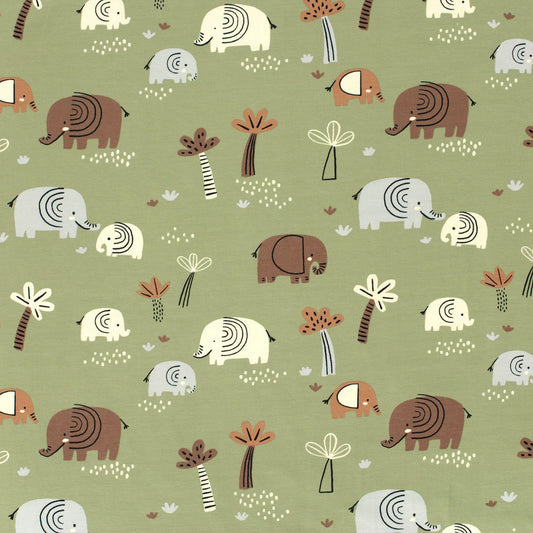 Baumwoll Jersey bedruckt mit Elefanten Olivgrün 0,5m