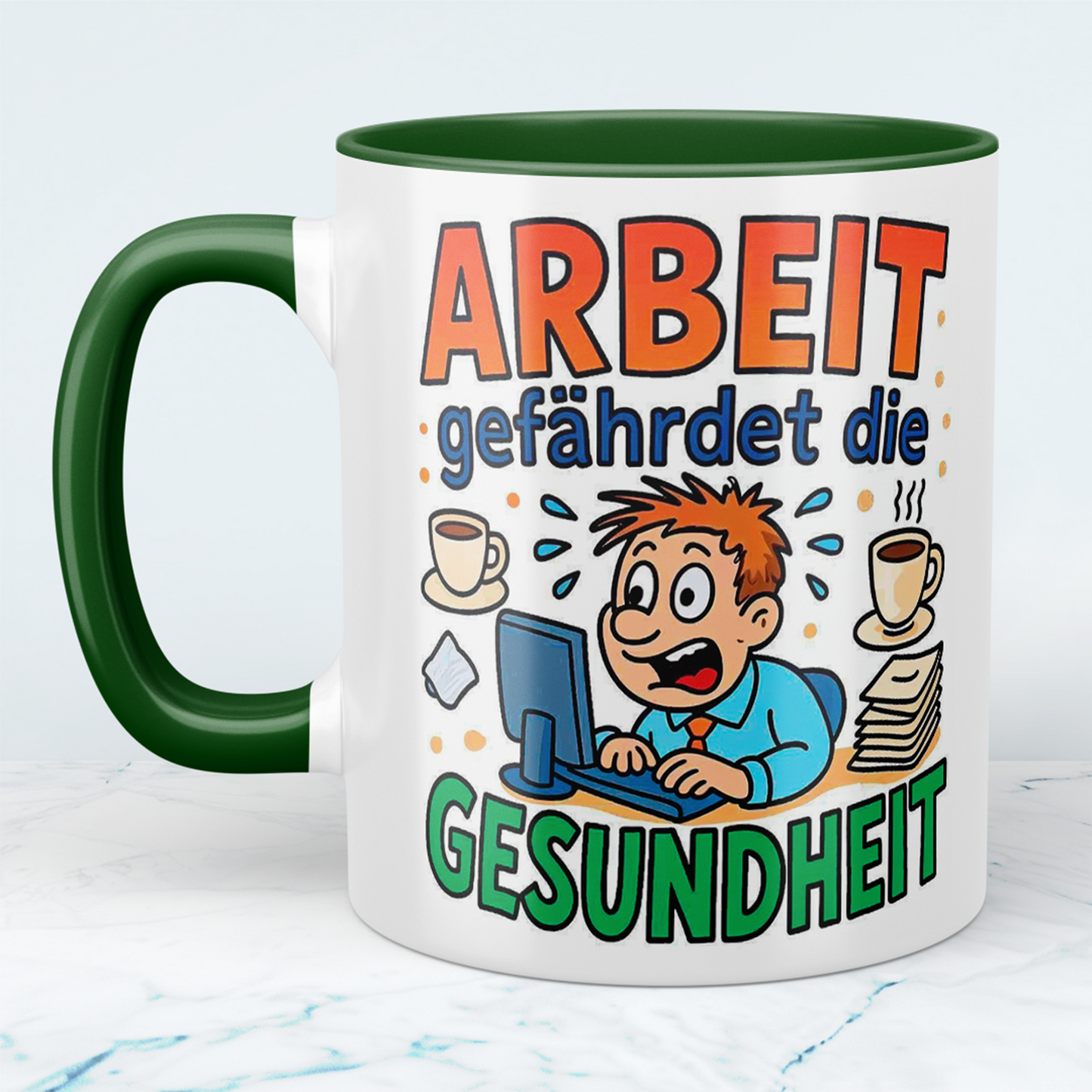 Witzige Bedruckte Tasse für das Büro – Arbeit gefährdet die Gesundheit