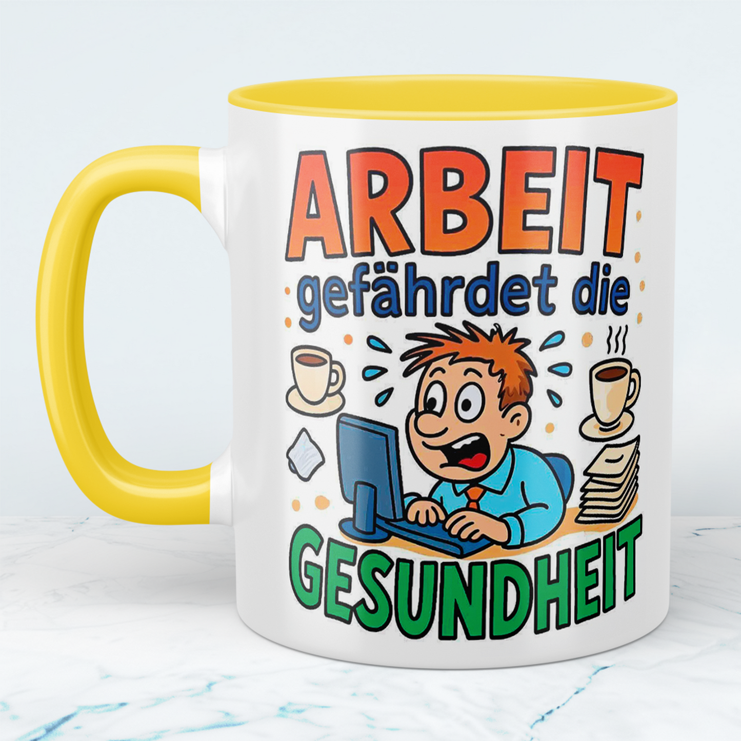 Witzige Bedruckte Tasse für das Büro – Arbeit gefährdet die Gesundheit