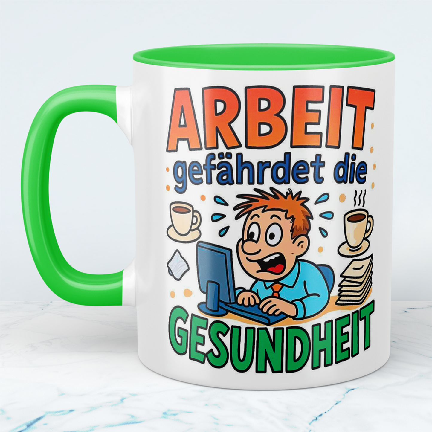 Witzige Bedruckte Tasse für das Büro – Arbeit gefährdet die Gesundheit