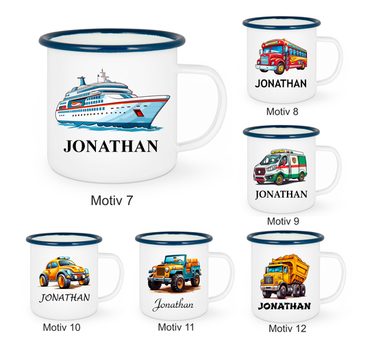 Kindertasse Emaille mit personalisierten Namen, blauer Rand