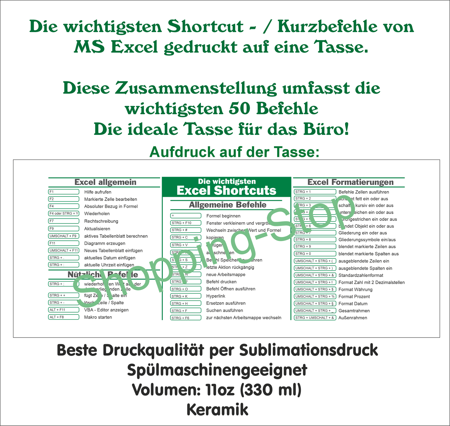 Keramik Tasse mit Excel Shortcuts Kurzbefehlen, Geschenk für Kollegen