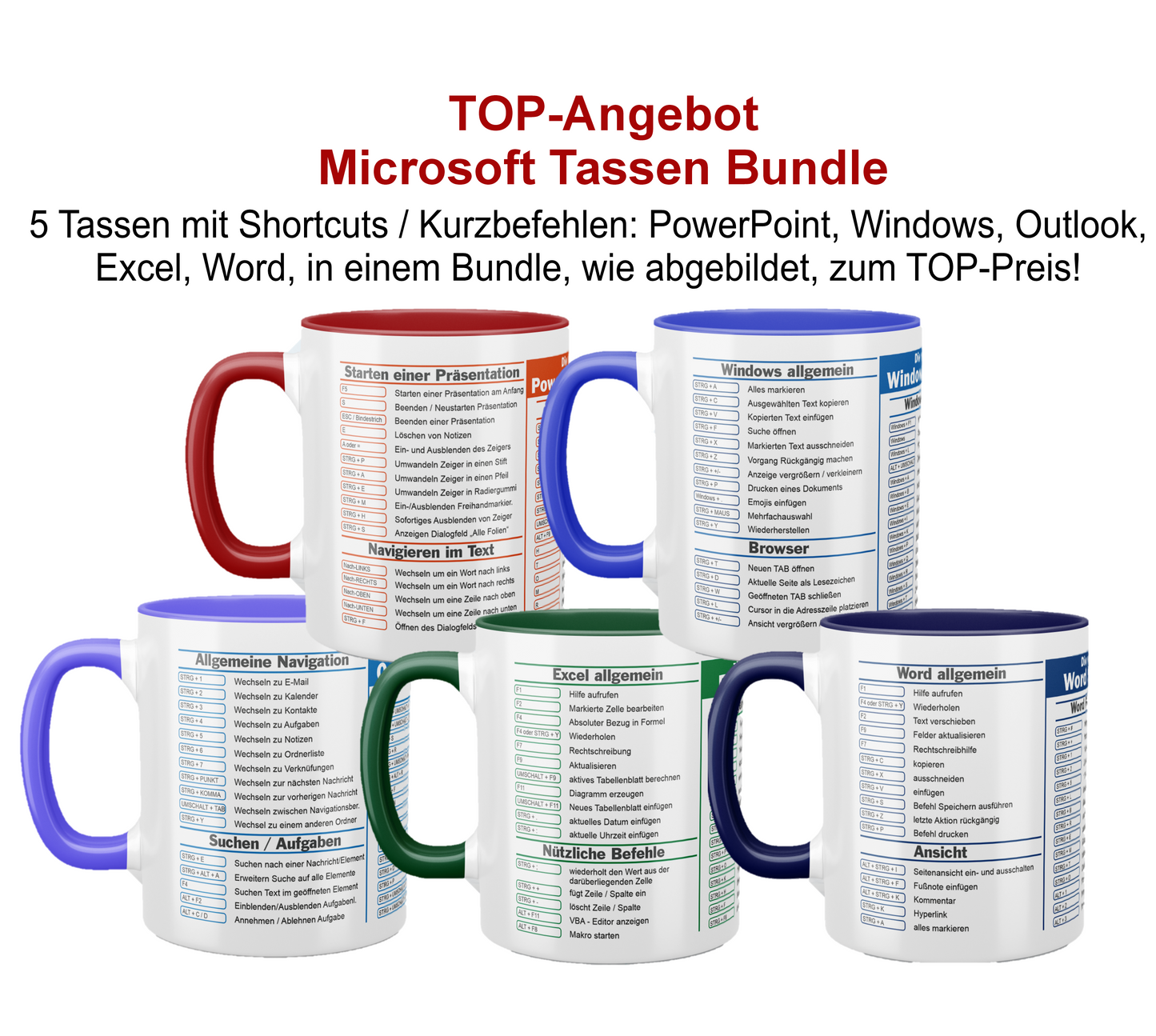 Microsoft Office Tassen Bundle zum TOP-Preis: 5 Tassen mit Kurzbefehlen: Windows, PowerPoint, Outlook, Excel, Word