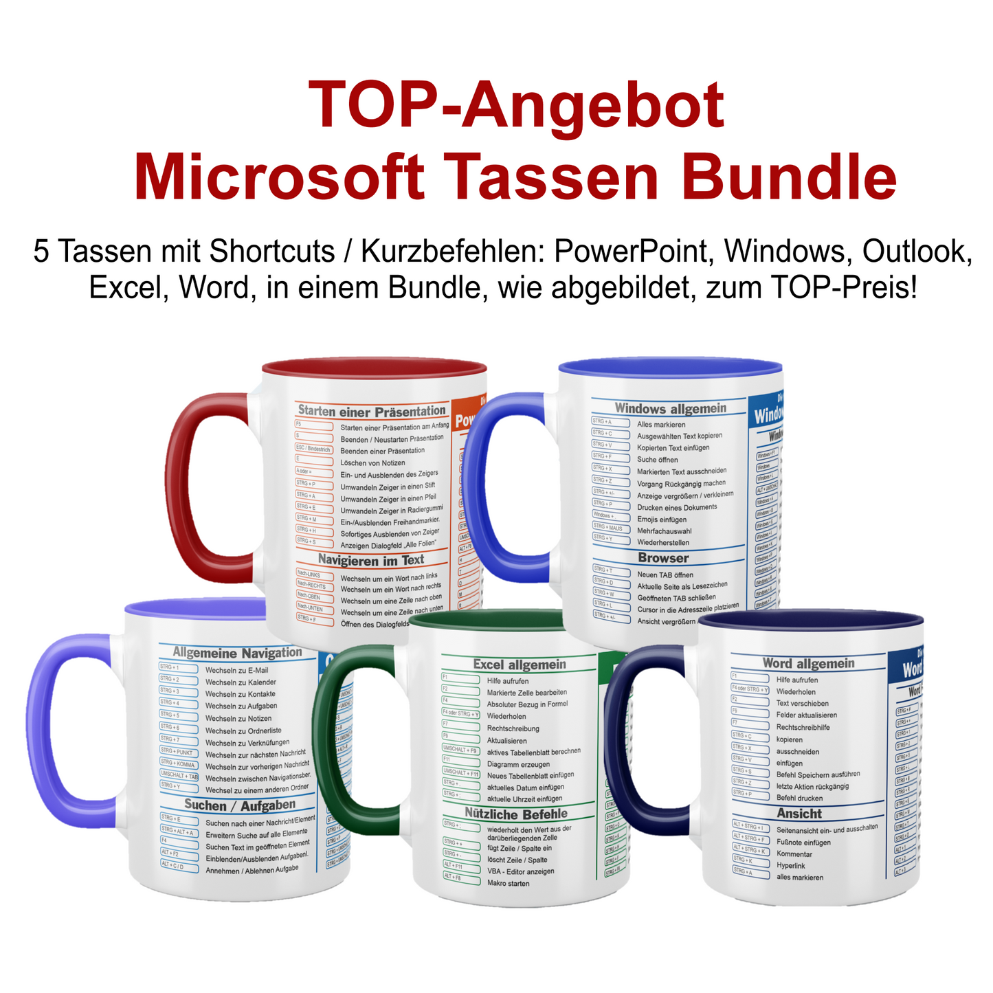 Microsoft Office Tassen Bundle zum TOP-Preis: 5 Tassen mit Kurzbefehlen: Windows, PowerPoint, Outlook, Excel, Word