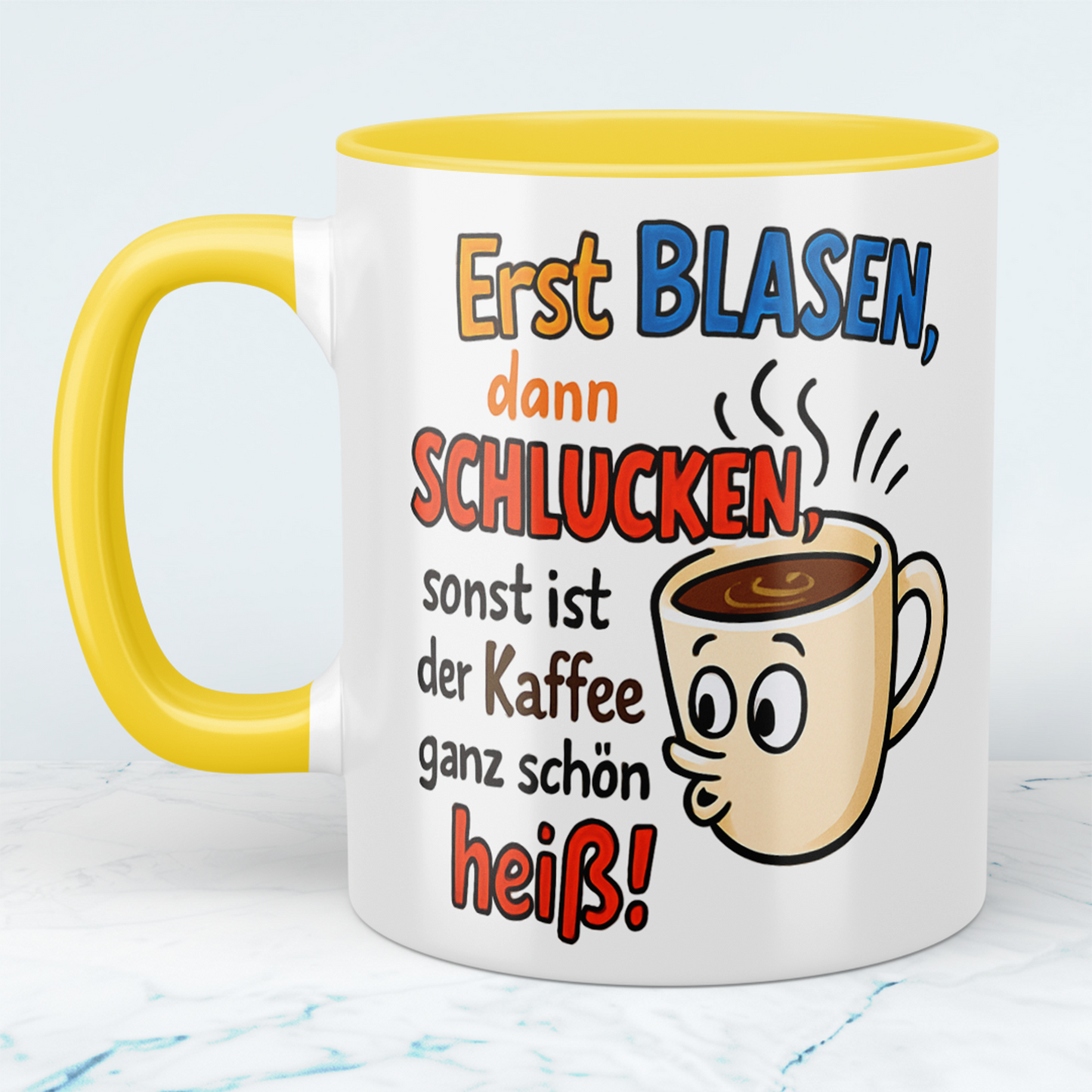 Humorvolle Kaffeetasse für Arbeitskollegen – 'Erst BLASEN, dann SCHLUCKEN' – Lustiger Spruch für den perfekten Büro-Kick!