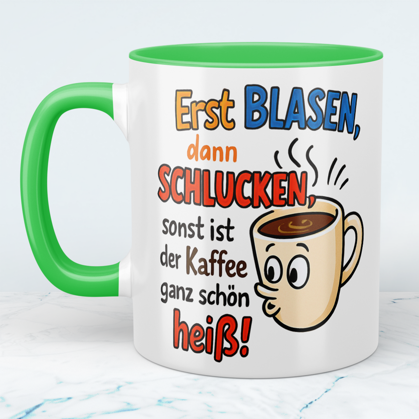 Humorvolle Kaffeetasse für Arbeitskollegen – 'Erst BLASEN, dann SCHLUCKEN' – Lustiger Spruch für den perfekten Büro-Kick!