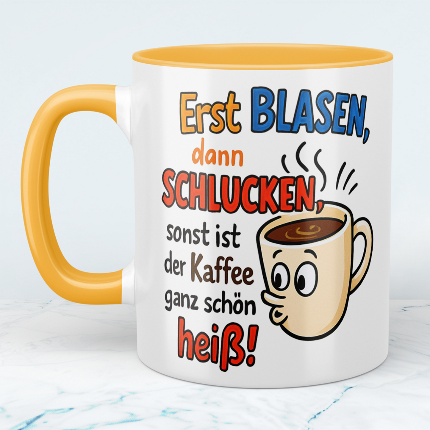 Humorvolle Kaffeetasse für Arbeitskollegen – 'Erst BLASEN, dann SCHLUCKEN' – Lustiger Spruch für den perfekten Büro-Kick!