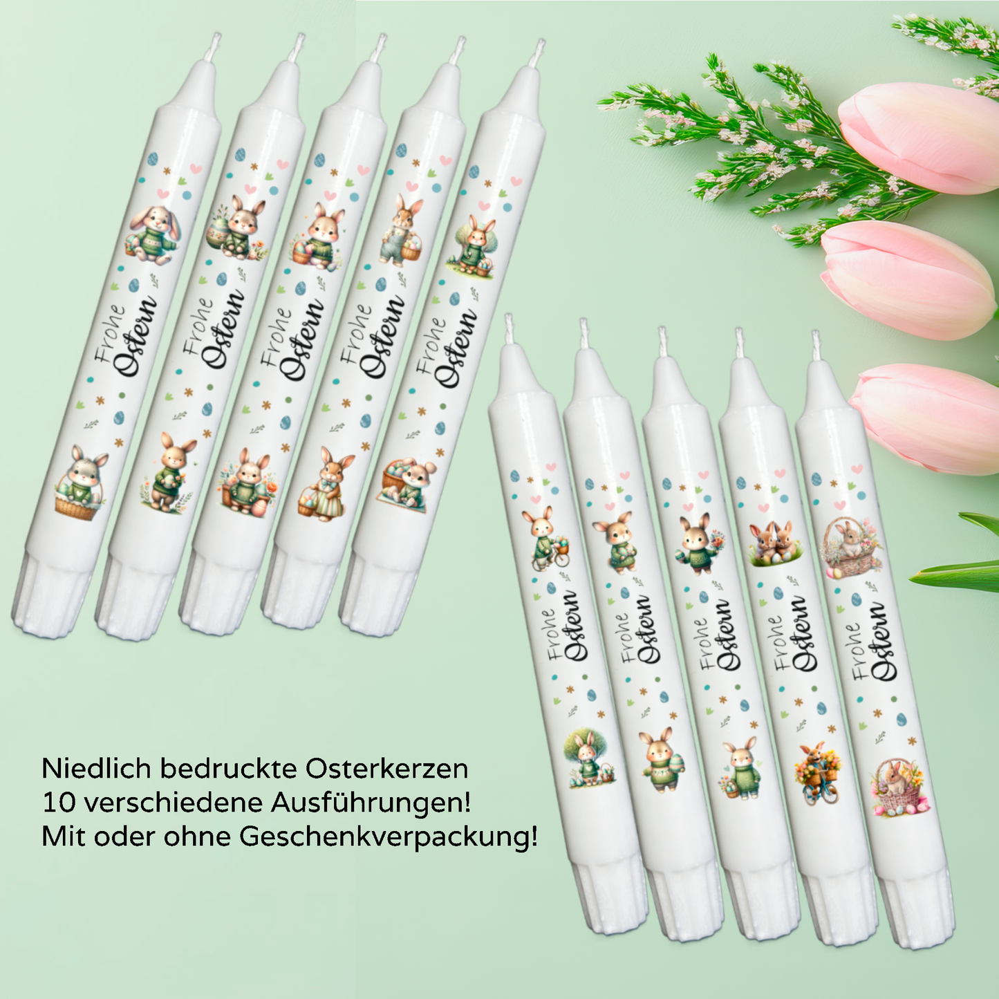 Schöne Kerze mit niedlichem Oster - Design, tolles Geschenk zu Ostern, viele Motive und weiße Geschenkanhänger verfügbar