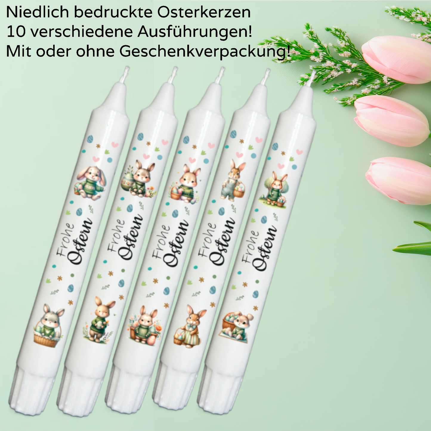 Schöne Kerze mit niedlichem Oster - Design, tolles Geschenk zu Ostern, viele Motive und weiße Geschenkanhänger verfügbar