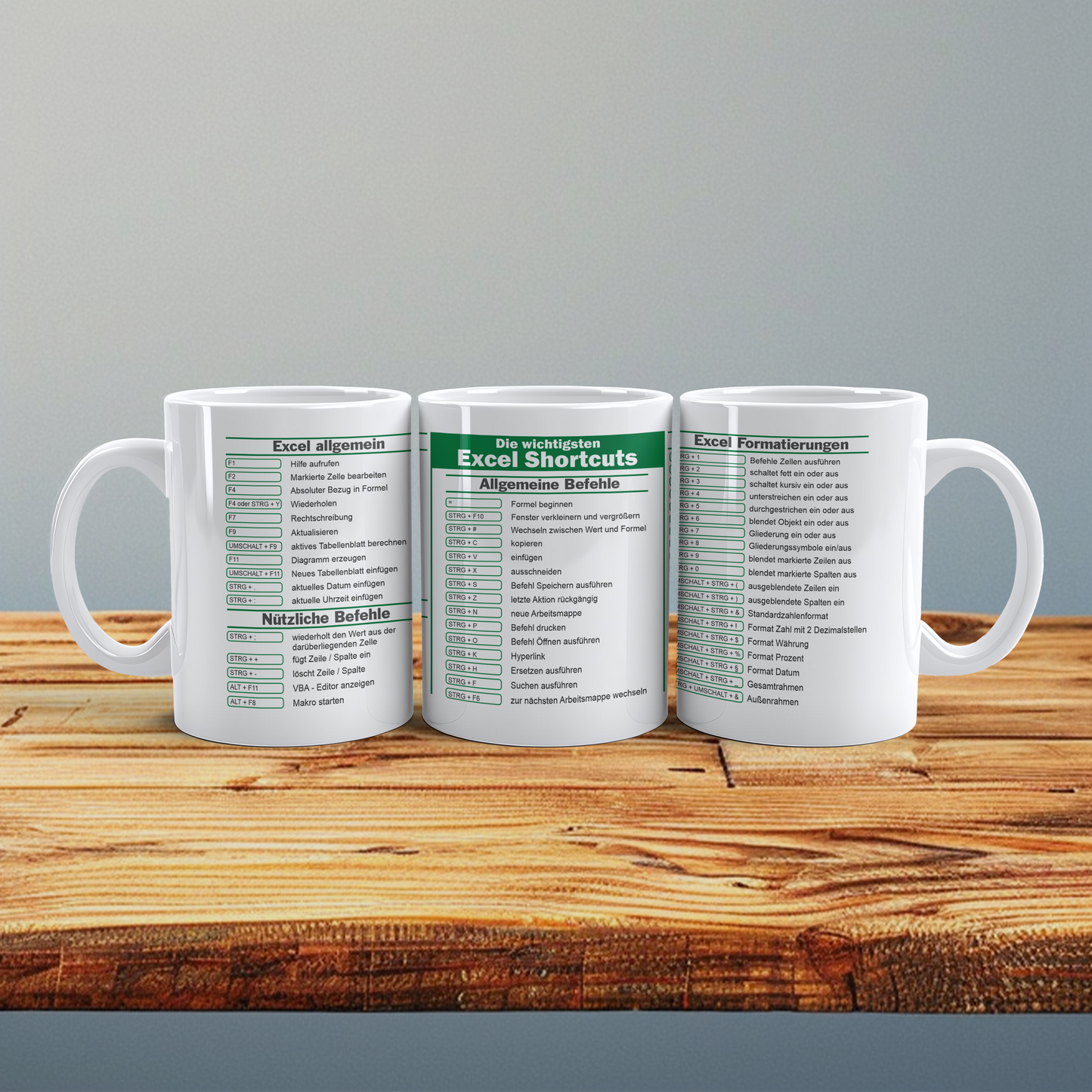 Keramik Tasse mit Excel Shortcuts Kurzbefehlen, Geschenk für Kollegen