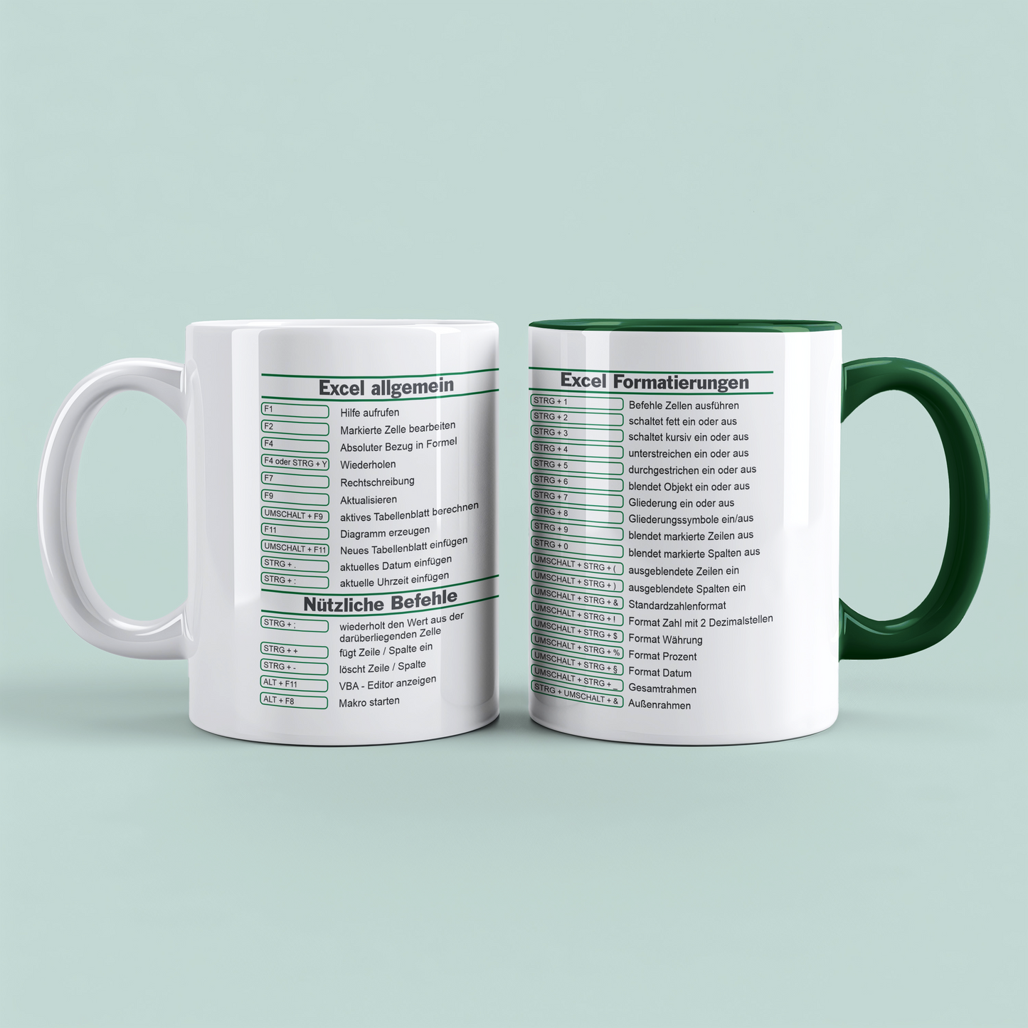 Keramik Tasse mit Excel Shortcuts Kurzbefehlen, Geschenk für Kollegen