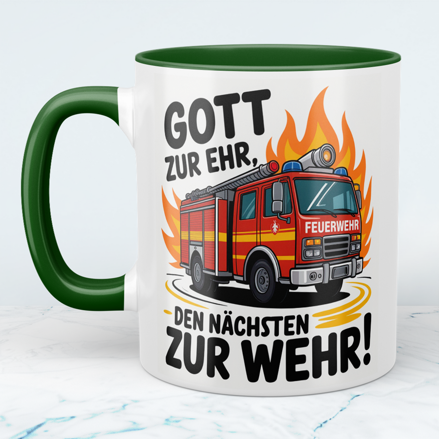 Bedruckte Feuerwehr-Tasse mit Spruch: Gott zur Ehr, den nächsten zur Wehr! – Das perfekte Geschenk!