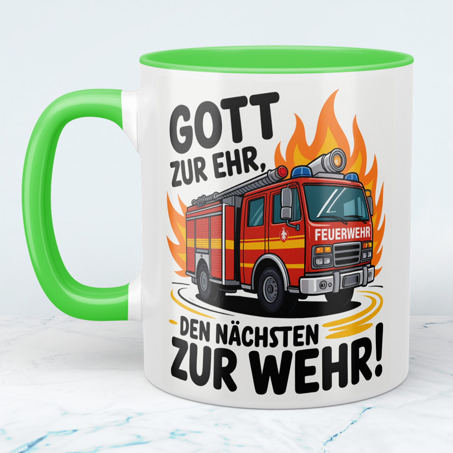 Bedruckte Feuerwehr-Tasse mit Spruch: Gott zur Ehr, den nächsten zur Wehr! – Das perfekte Geschenk!