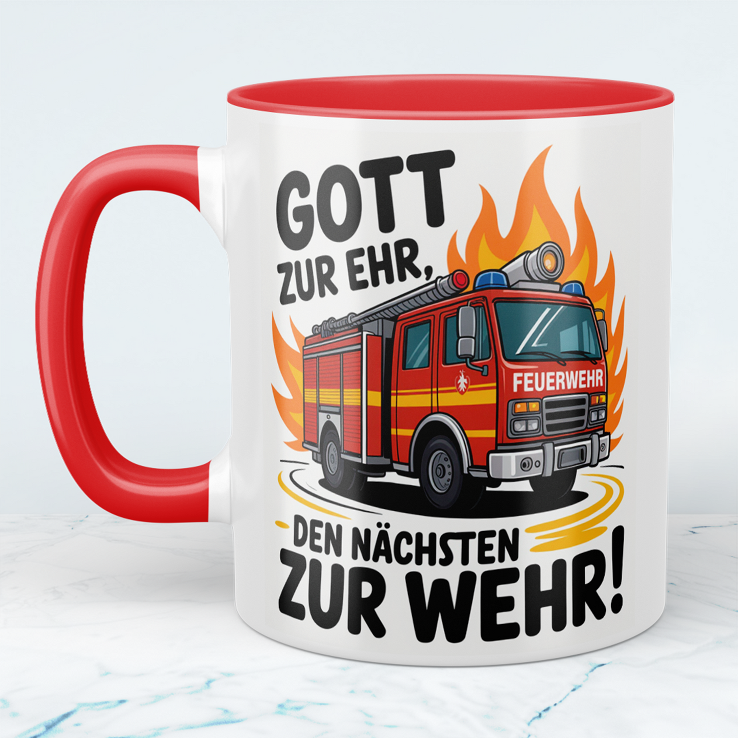 Bedruckte Feuerwehr-Tasse mit Spruch: Gott zur Ehr, den nächsten zur Wehr! – Das perfekte Geschenk!