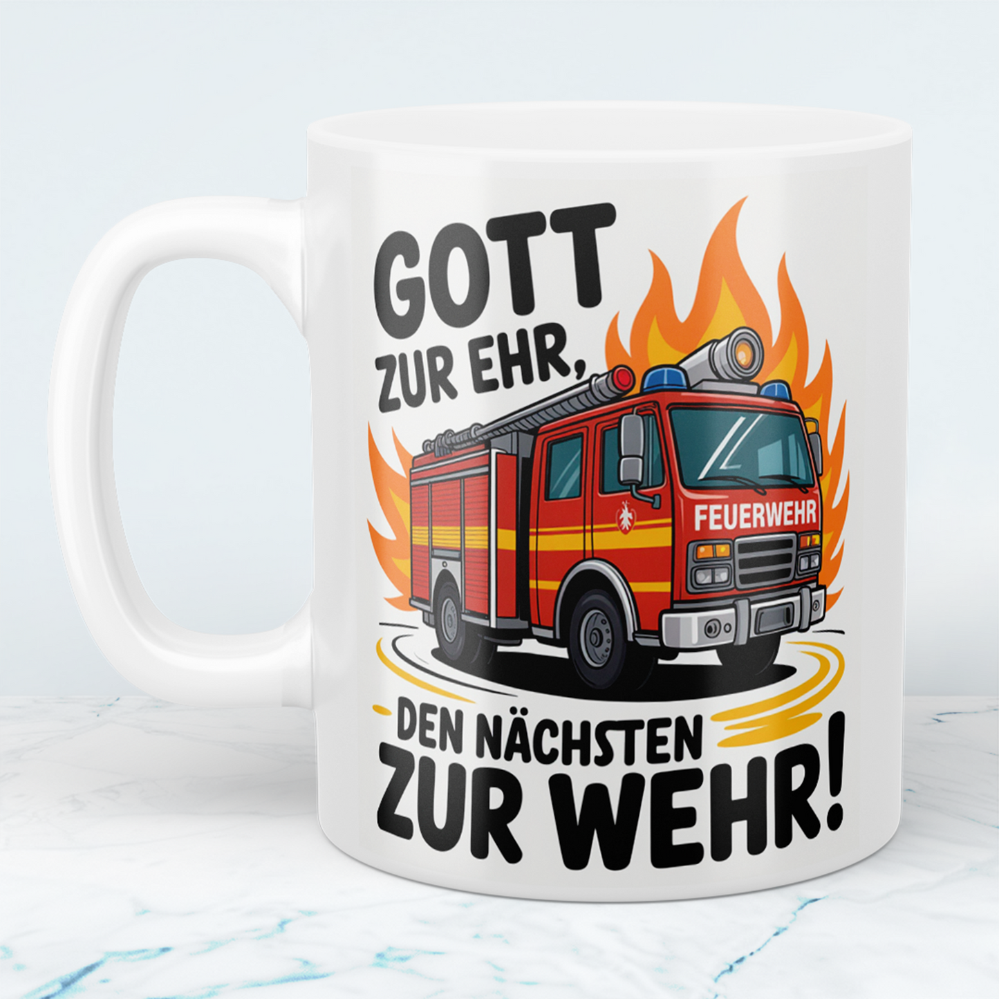 Bedruckte Feuerwehr-Tasse mit Spruch: Gott zur Ehr, den nächsten zur Wehr! – Das perfekte Geschenk!