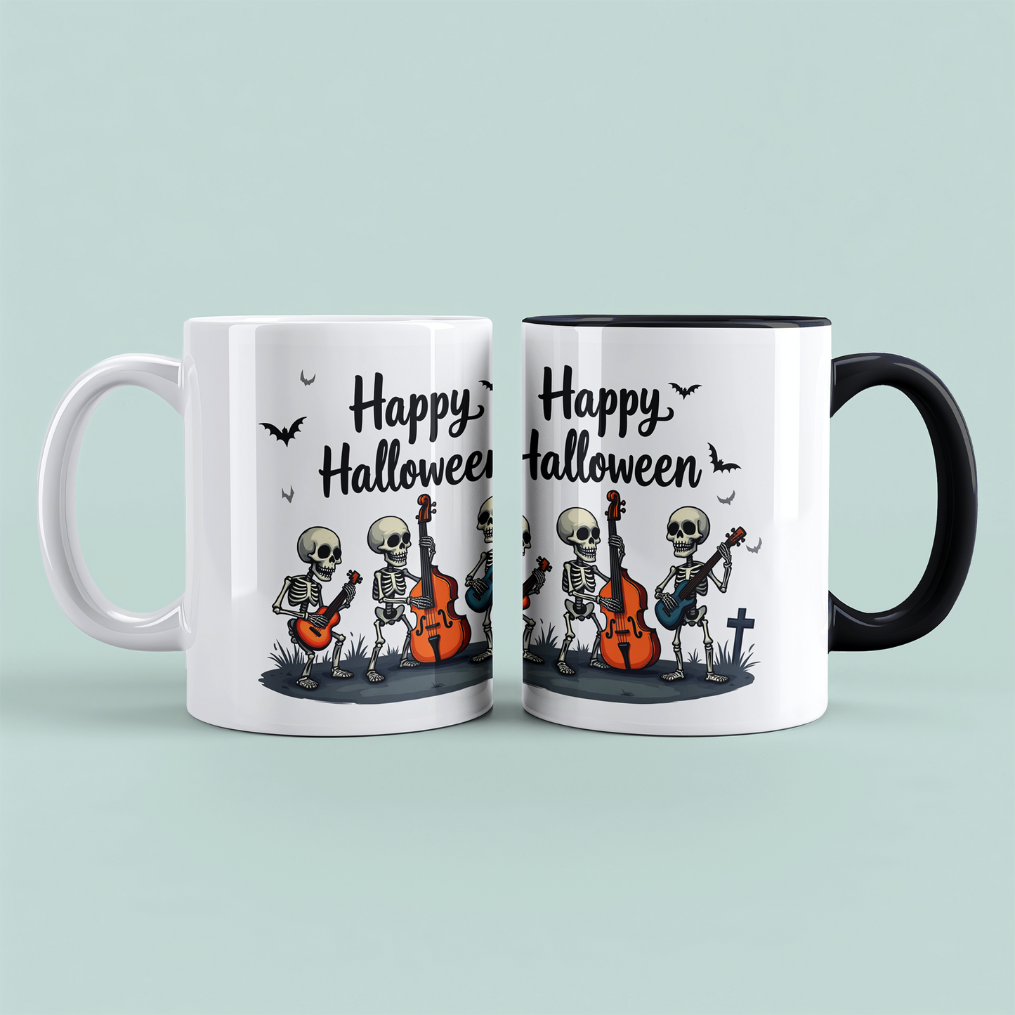 Lustige Halloween Tasse mit musizierenden Skeletten – Bedruckter Becher für gruselige Kaffeepausen!