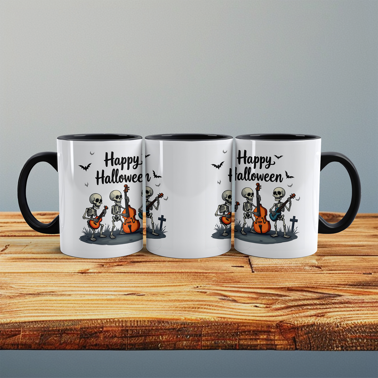 Lustige Halloween Tasse mit musizierenden Skeletten – Bedruckter Becher für gruselige Kaffeepausen!
