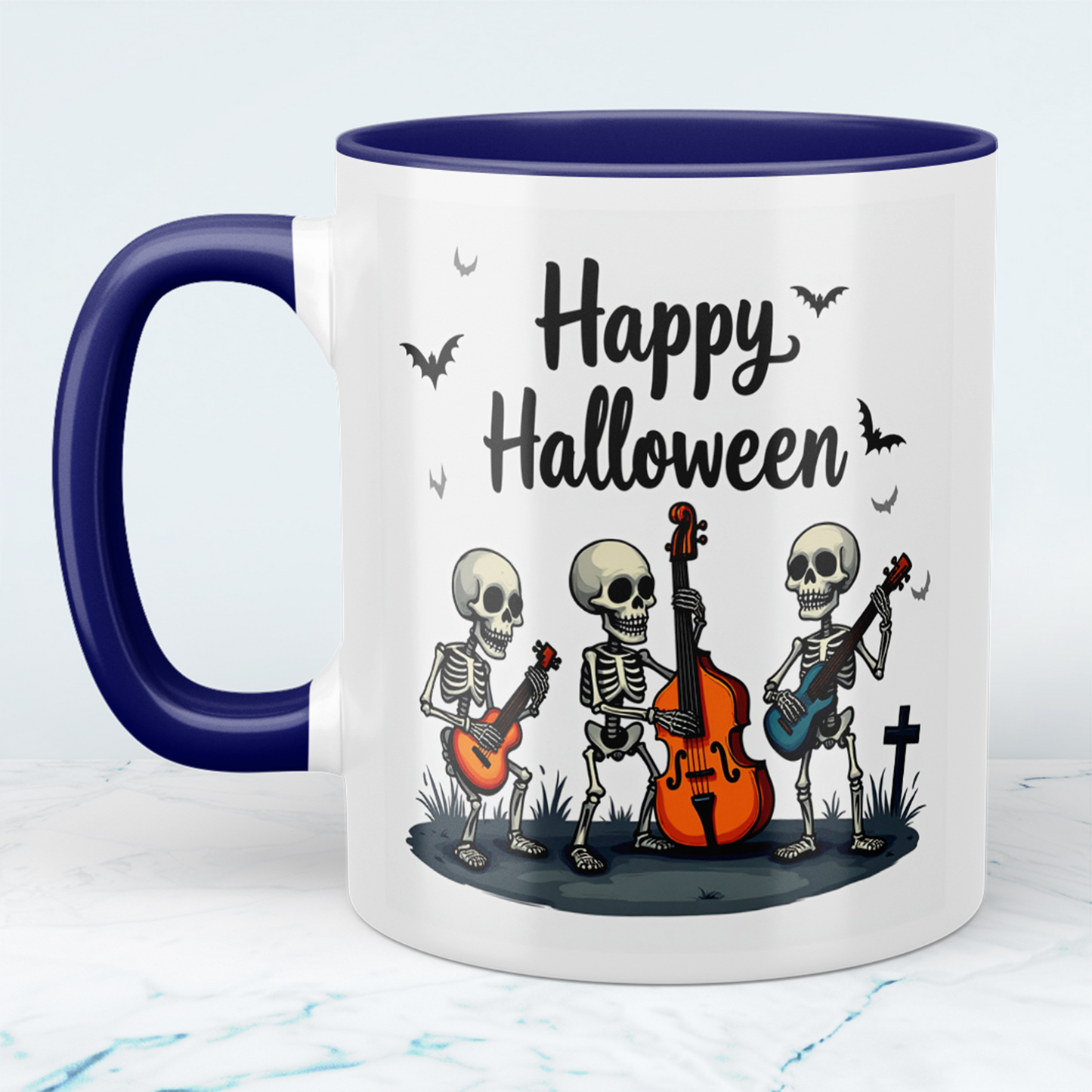 Lustige Halloween Tasse mit musizierenden Skeletten – Bedruckter Becher für gruselige Kaffeepausen!