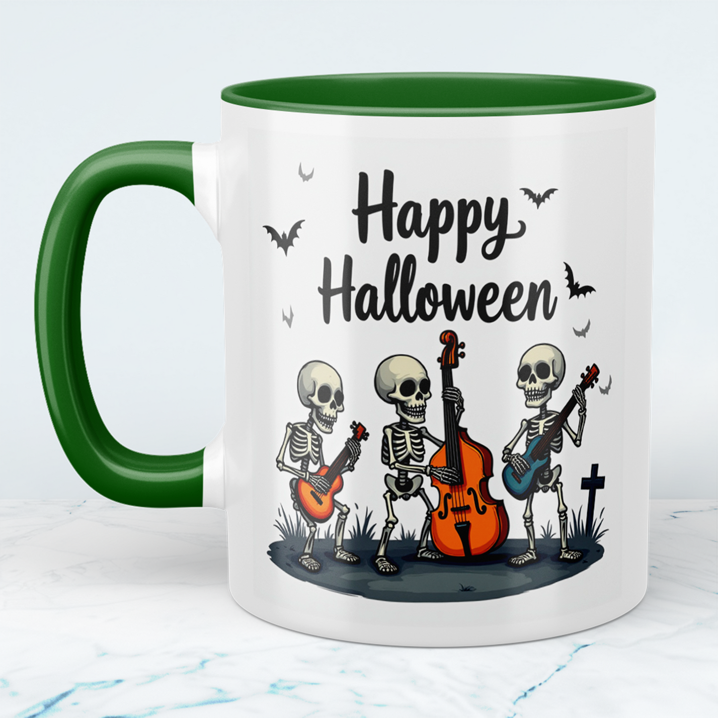Lustige Halloween Tasse mit musizierenden Skeletten – Bedruckter Becher für gruselige Kaffeepausen!
