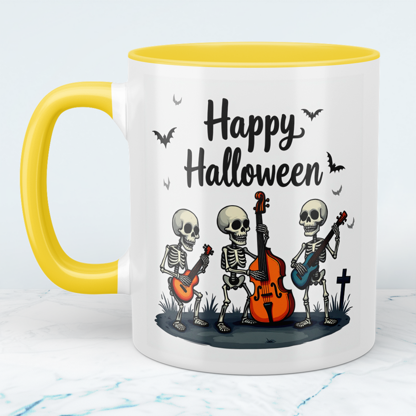 Lustige Halloween Tasse mit musizierenden Skeletten – Bedruckter Becher für gruselige Kaffeepausen!
