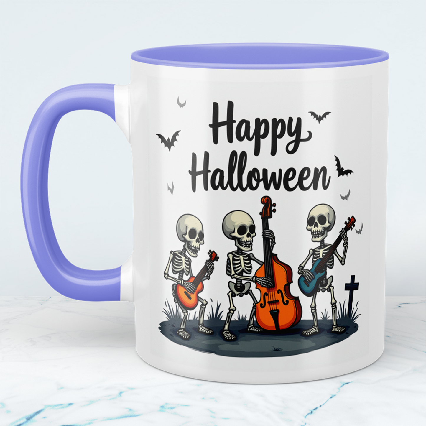 Lustige Halloween Tasse mit musizierenden Skeletten – Bedruckter Becher für gruselige Kaffeepausen!