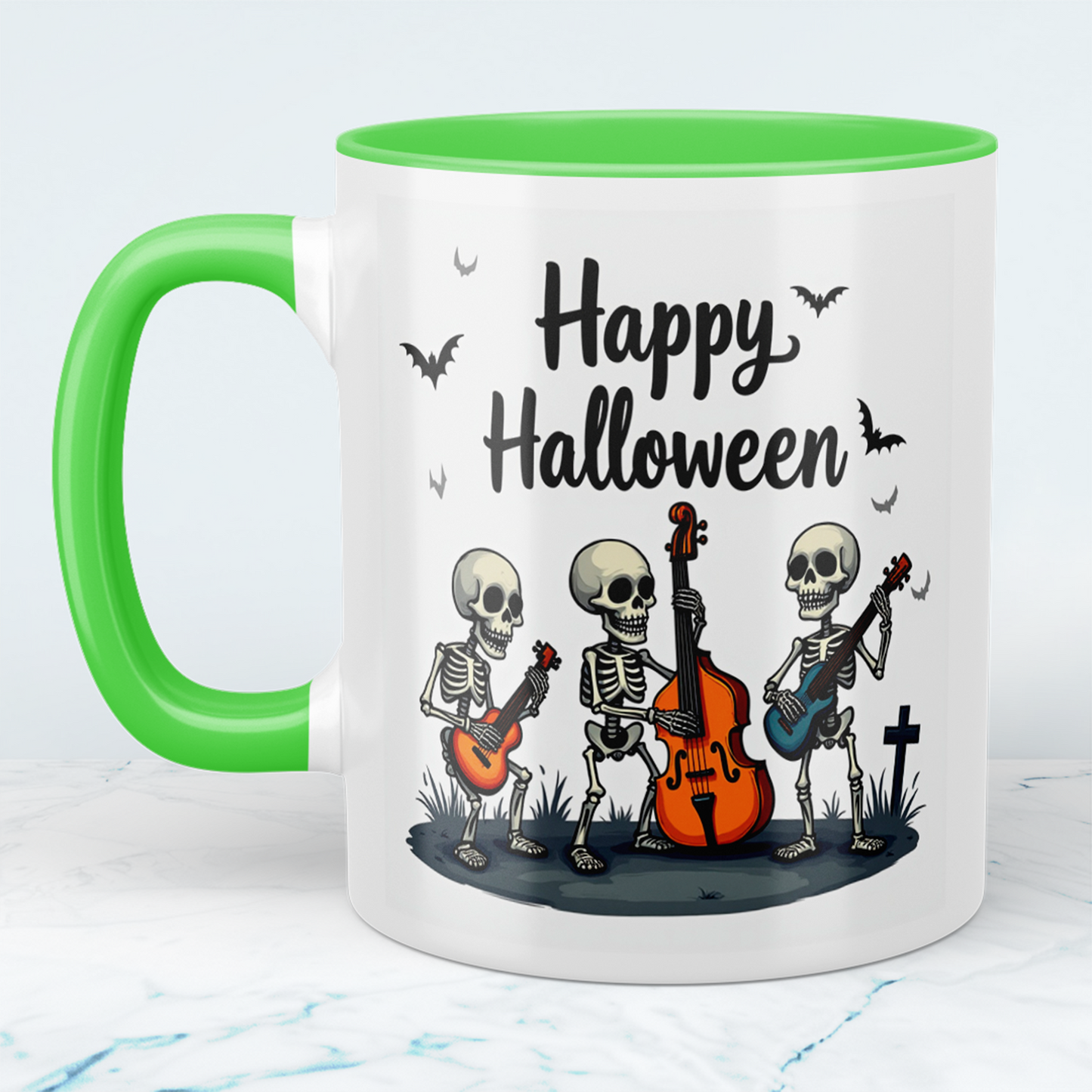 Lustige Halloween Tasse mit musizierenden Skeletten – Bedruckter Becher für gruselige Kaffeepausen!