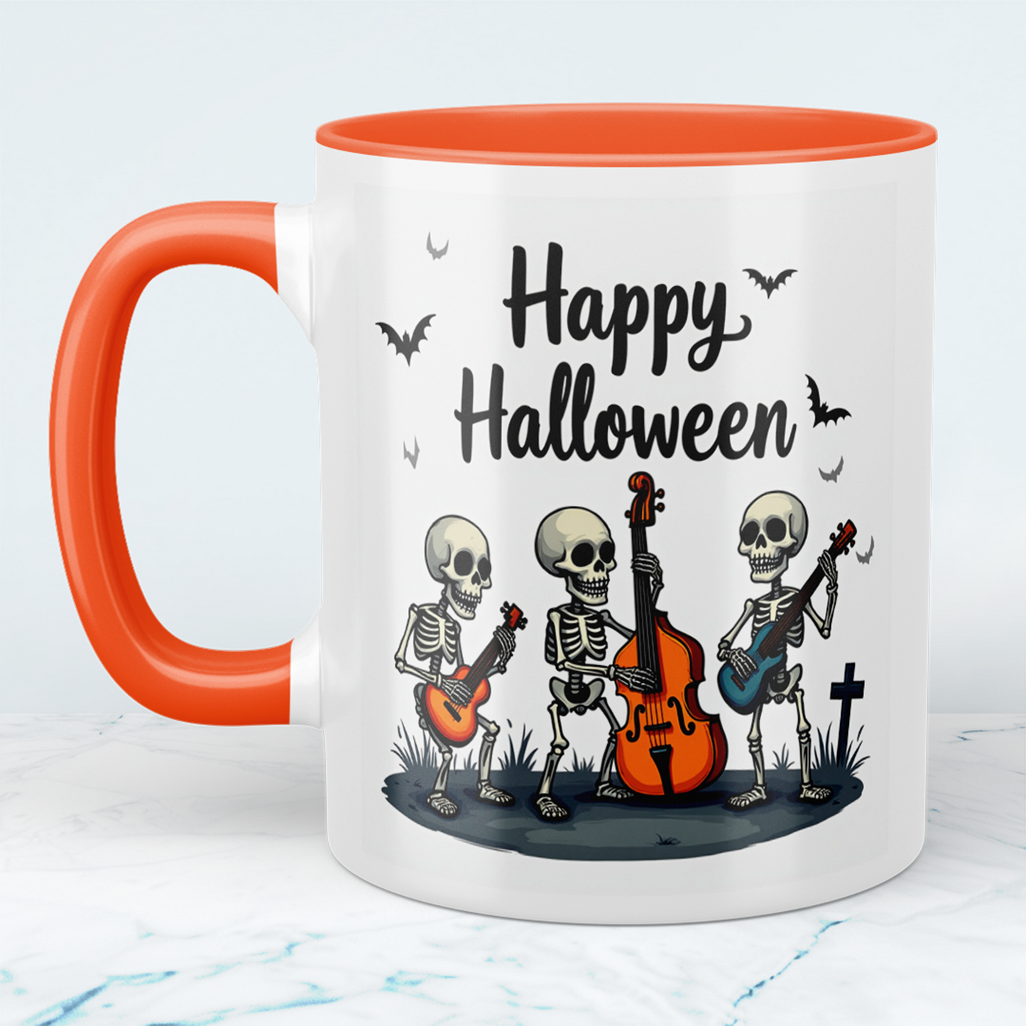 Lustige Halloween Tasse mit musizierenden Skeletten – Bedruckter Becher für gruselige Kaffeepausen!