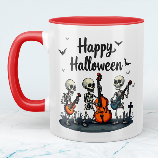 Lustige Halloween Tasse mit musizierenden Skeletten – Bedruckter Becher für gruselige Kaffeepausen!