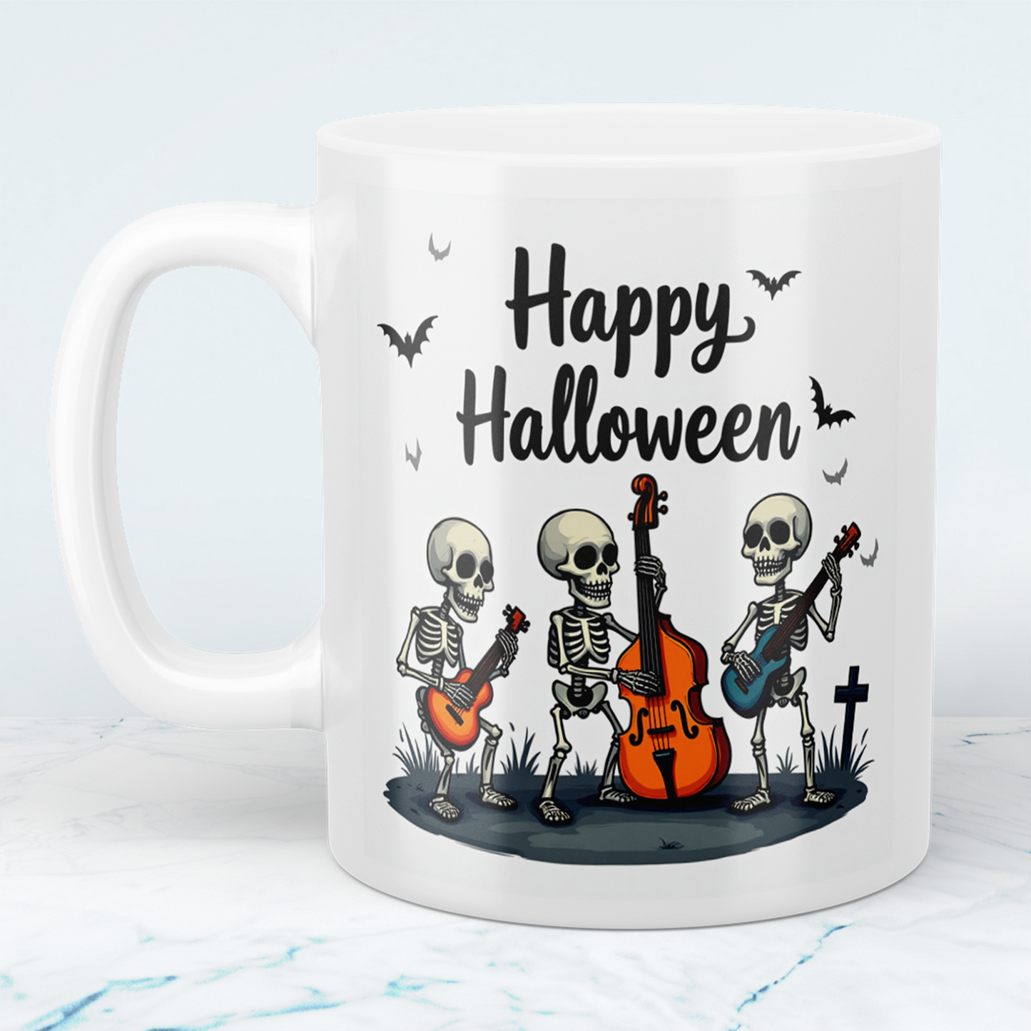 Lustige Halloween Tasse mit musizierenden Skeletten – Bedruckter Becher für gruselige Kaffeepausen!