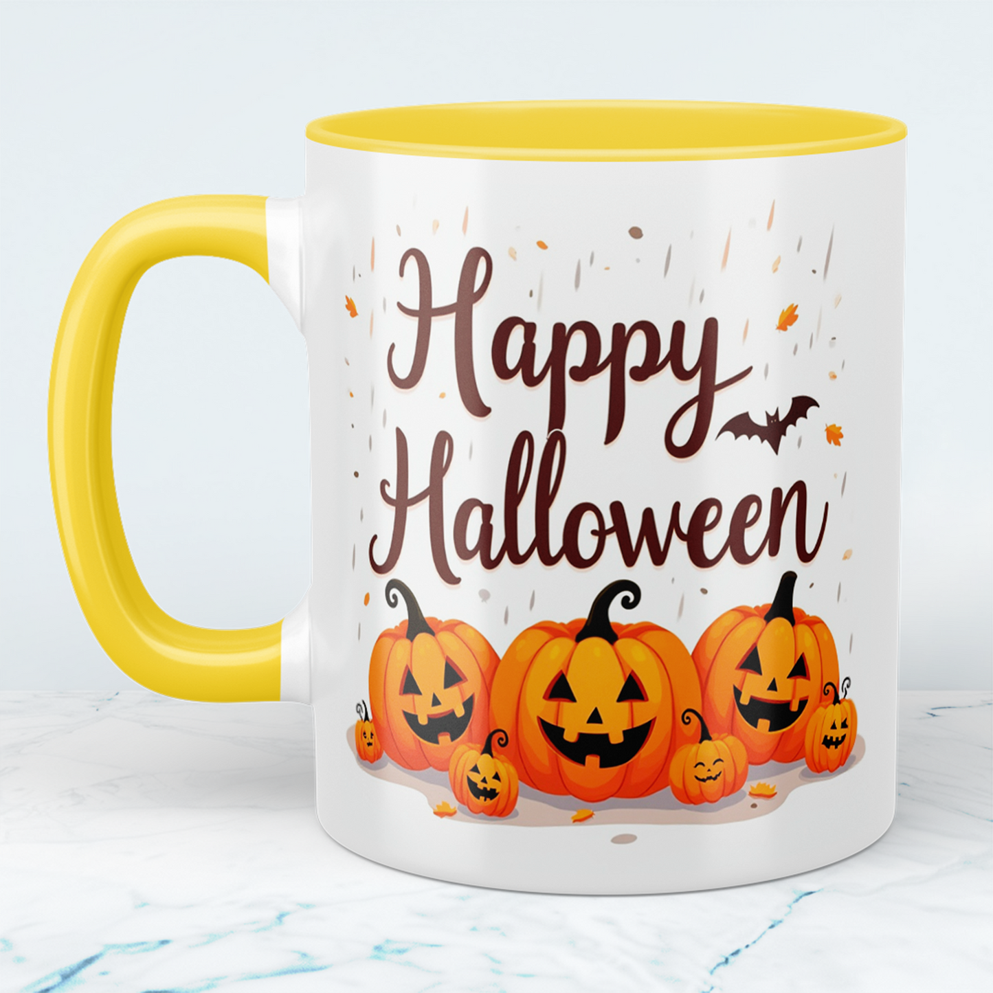 Lustige, bedruckte Tasse mit lachenden Kürbissen – Perfektes Geschenk für ein fröhliches Happy Halloween!