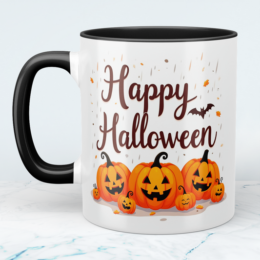 Lustige, bedruckte Tasse mit lachenden Kürbissen – Perfektes Geschenk für ein fröhliches Happy Halloween!