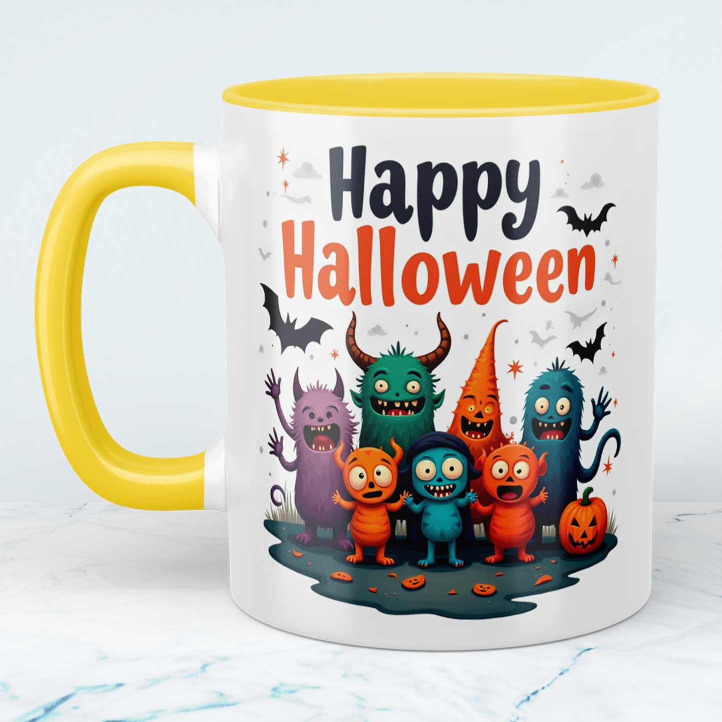 Fantasievolle Happy Halloween Tasse mit lustigen Figuren – Perfekt für Ihre gruselige Kaffeepause!
