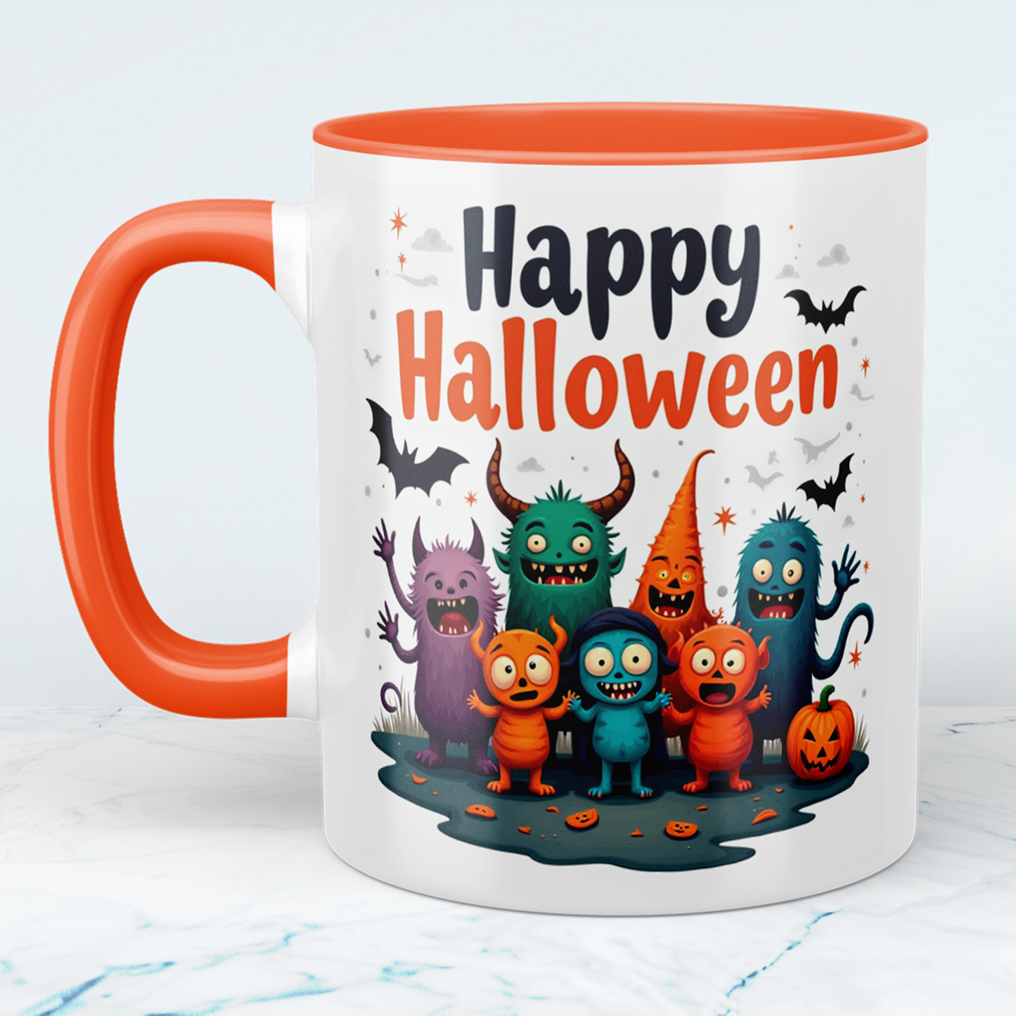 Fantasievolle Happy Halloween Tasse mit lustigen Figuren – Perfekt für Ihre gruselige Kaffeepause!