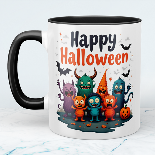 Fantasievolle Happy Halloween Tasse mit lustigen Figuren – Perfekt für Ihre gruselige Kaffeepause!