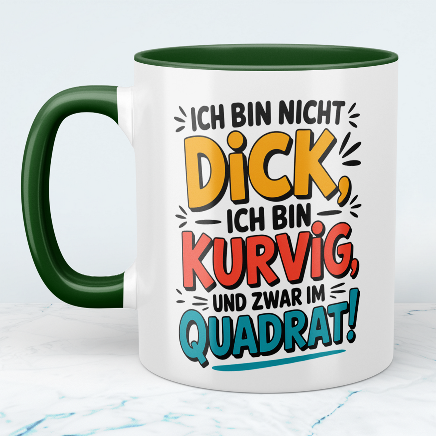 Ich bin nicht DICK, ich bin kurvig und zwar im QUADRAT! – Witzige Tasse für Kaffee-Liebhaber mit Humor und Stil!